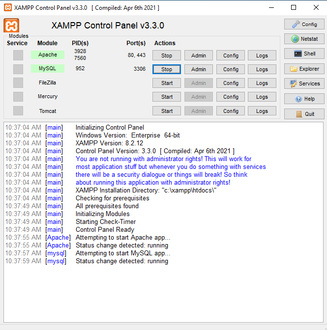 Xampp interface